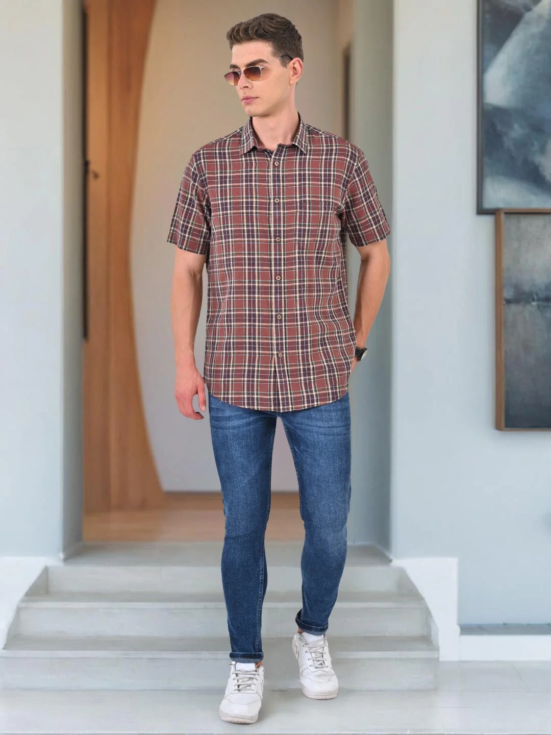 Indian Terrain Men's Regular Fit Half Sleeve Checkered Brown Shirt